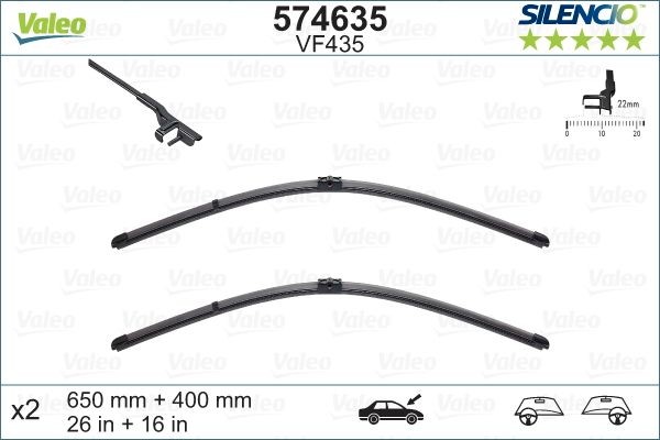 VALEO SILENCIO X.TRM, SILENCIO FLAT BLADE SET 574635 Wiper blade 650, 400 mm Front, Beam, with spoiler, for right-hand drive vehicles, Pin Fixing
