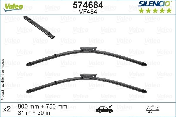 VM484 VALEO SILENCIO X.TRM, SILENCIO FLAT BLADE SET 800, 750 mm Front, Beam, with spoiler, for left-hand drive vehicles, Bayonet attachment Styling: with spoiler, Left-/right-hand drive vehicles: for left-hand drive vehicles Wiper blades 574684 buy