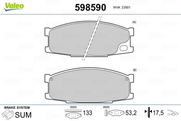 23501 VALEO Front Axle, excl. wear warning contact, without anti-squeak plate Height: 53,2mm, Width: 133mm, Thickness: 17,5mm Brake pads 598590 buy