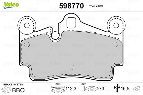 VALEO 598770 Brake pad set Rear Axle, excl. wear warning contact, with anti-squeak plate