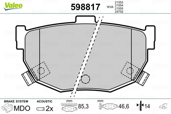VALEO 598817 Brake pad set Rear Axle, incl. wear warning contact, without anti-squeak plate