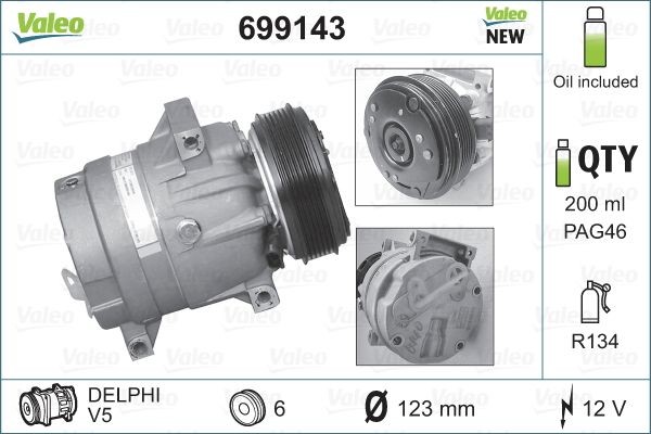 VALEO NEW ORIGINAL PART 699143 Klimakompressor 5V16, 12V, PAG 46, R 134a, mit PAG-Kompressoröl