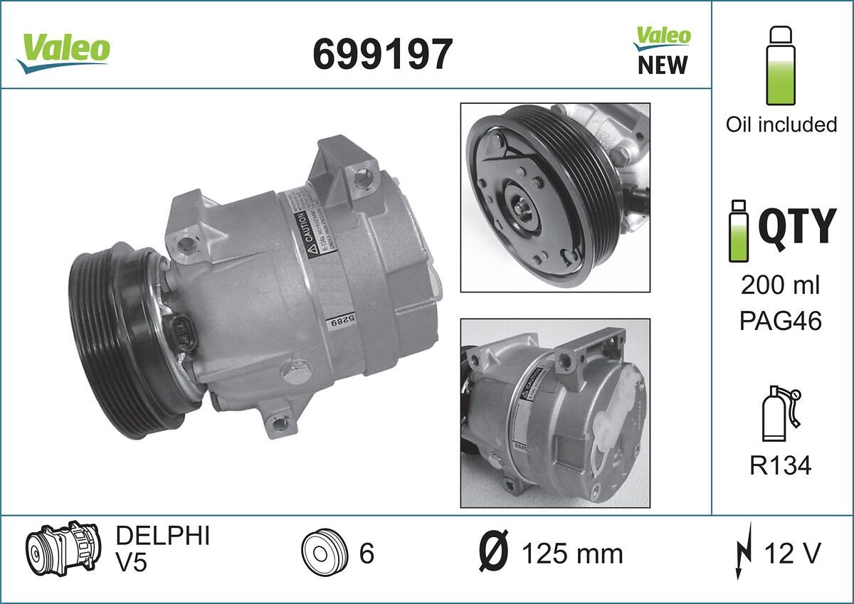 VALEO NEW ORIGINAL PART V51135, 12V, PAG 46, R 134a, with PAG compressor oil Belt Pulley Ø: 125mm, Number of grooves: 6 AC compressor 699197 buy