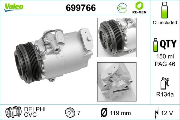 VALEO REMANUFACTURED 699766 Air conditioning compressor CVC, 12V, PAG 46, R 134a, with PAG compressor oil