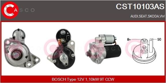 Starter motors CASCO 12V, 1,10kW, Number of Teeth: 9, CPS0005, M8, Ø 76 mm - CST10103AS