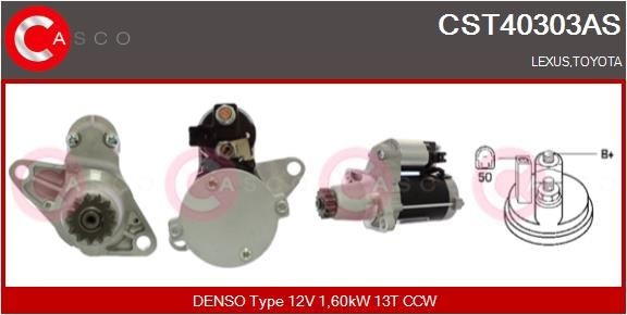 CST40303AS CASCO Starter TOYOTA 12V, 1,60kW, Number of Teeth: 13, CPS0121, M8 B+, Ø 55 mm