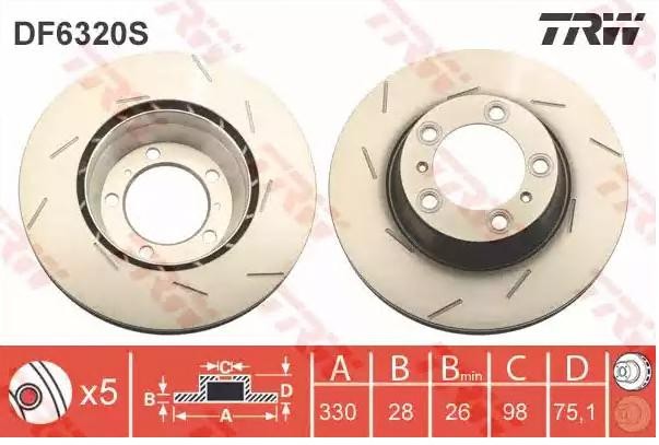 TRW 330x28mm, 5x130, slotted/perforated, Painted, High-carbon Ø: 330mm, Num. of holes: 5, Brake Disc Thickness: 28mm Brake rotor DF6320S buy