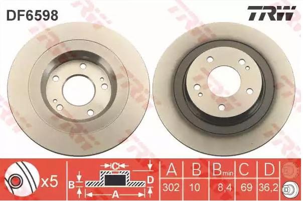 TRW DF6598 Brake disc 302x10mm, 5x114,3, solid, Painted
