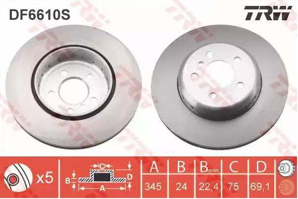 TRW 345x24mm, 5x120, Vented, two-part brake disc, High-carbon Ø: 345mm, Num. of holes: 5, Brake Disc Thickness: 24mm Brake rotor DF6610S buy