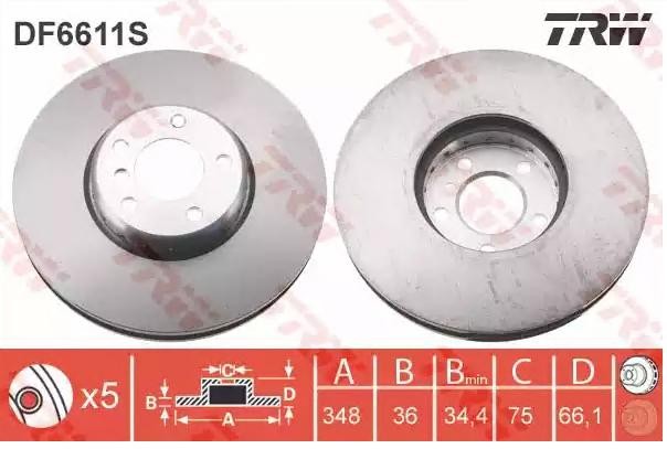 TRW 348x36mm, 5x120, Vented, two-part brake disc, High-carbon Ø: 348mm, Num. of holes: 5, Brake Disc Thickness: 36mm Brake rotor DF6611S buy