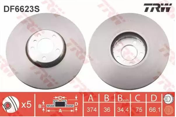 TRW 374x36mm, 5x120, Vented, two-part brake disc, High-carbon Ø: 374mm, Num. of holes: 5, Brake Disc Thickness: 36mm Brake rotor DF6623S buy