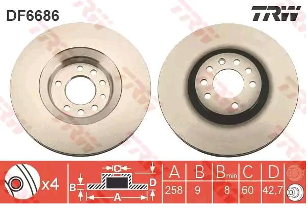 TRW DF6686 Brake disc 258x9mm, 4x100, solid, Painted