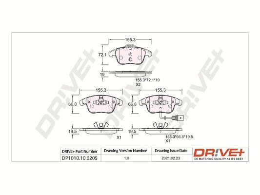 Dr!ve+ DP1010.10.0205 Brake pad set Front Axle, incl. wear warning contact, with adhesive film, with spring