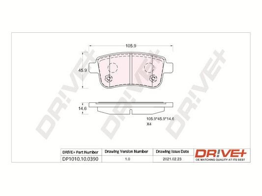 Dr!ve+ DP1010.10.0390 Brake pad set Rear Axle, with adhesive film, with bolts/screws, with accessories