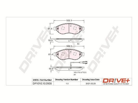 24468 Dr!ve+ Front Axle, incl. wear warning contact, with adhesive film, with bolts/screws Height: 61,3mm, Thickness: 18,9mm Brake pads DP1010.10.0908 buy