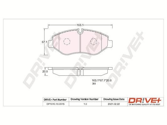Dr!ve+ DP1010.10.0915 Brake pad set Front Axle, prepared for wear indicator, with adhesive film, with bolts/screws, with accessories