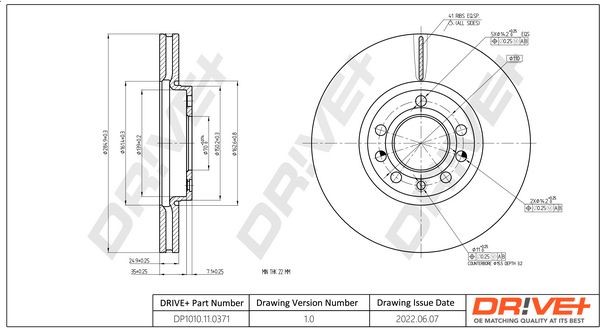 DCA668910 Dr!ve+ Front Axle, 284,9x24,9mm, 2, 5, Vented Ø: 284,9mm, Num. of holes: 2, Rim: 5-Hole, Brake Disc Thickness: 24,9mm Brake rotor DP1010.11.0371 buy