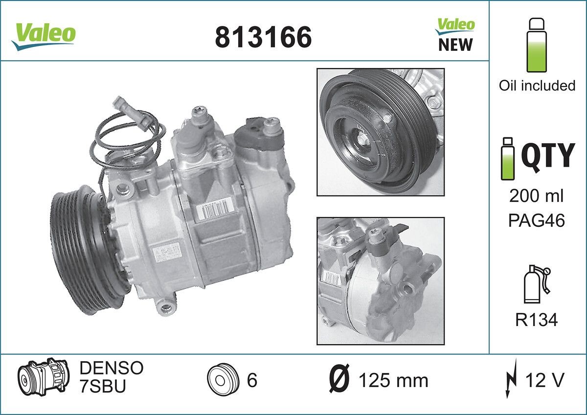 813166 VALEO Air con compressor SKODA 7SBU16, 12V, PAG 46, R 134a, with PAG compressor oil, NEW ORIGINAL PART