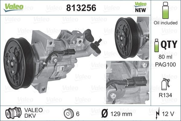 VALEO 813256 Kompressor Klimaanlage DKV, 12V, PAG 100, R 134a, mit PAG-Kompressoröl, NEW ORIGINAL PART