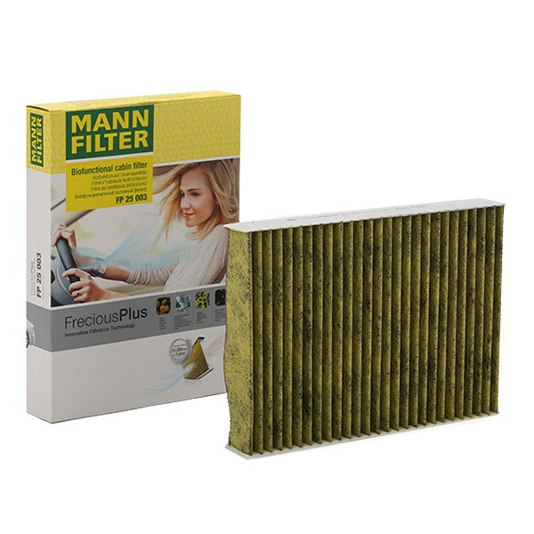 MANN-FILTER FP 25 003 Pollen filter Activated Carbon Filter with polyphenol, with antibacterial action, Particulate filter (PM 2.5), with fungicidal effect, Activated Carbon Filter, 250 mm x 180 mm x 35 mm, FreciousPlus