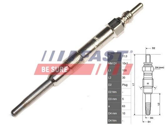 Heater plug FAST 11V M10x1.0, Metal glow plug - FT82733