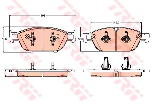 22302 TRW prepared for wear indicator Height 1: 73,8mm, Height 2: 70,8mm, Width: 193,0mm, Thickness: 20,0mm Brake pads GDB2113 buy