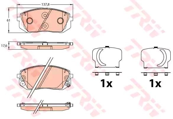 24501 TRW with acoustic wear warning, with accessories Height: 61mm, Width: 137,8mm, Thickness: 17,6mm Brake pads GDB3642 buy