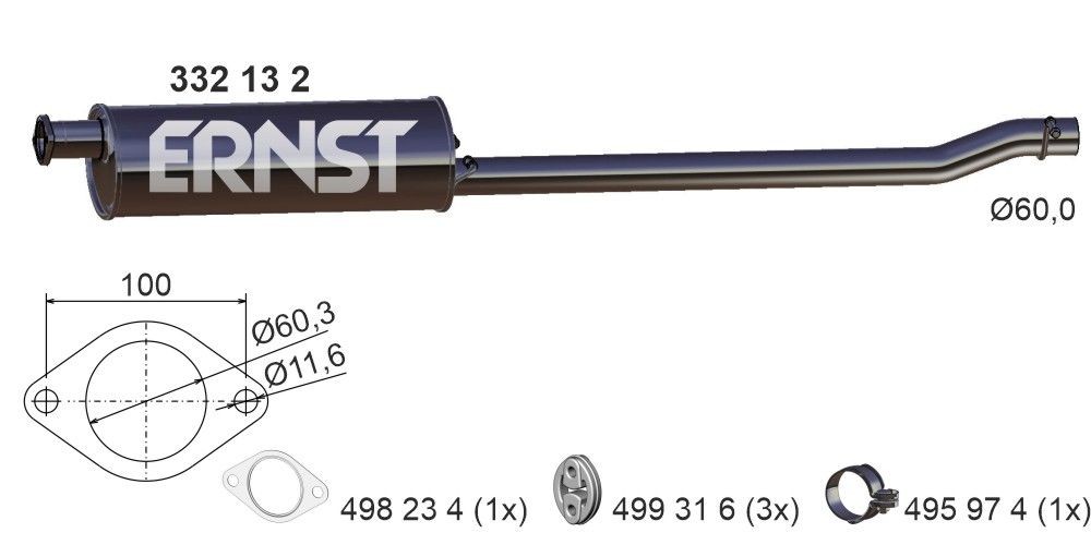 ERNST Middle silencer 332132 Ford TRANSIT 2011