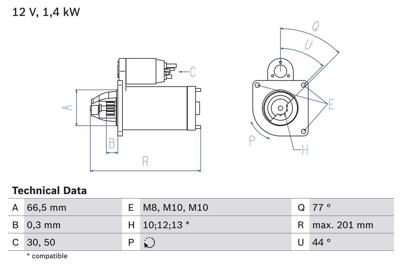 Starter motors BOSCH 12V, 1,6kW, Number of Teeth: 10, 13, 12, 50, rechts, Ø 66,5 mm - 0 986 022 800