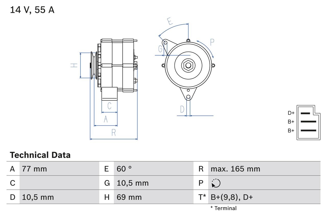 BOSCH 0 986 031 400 Alternator 14V, 55A, B+(9,8),D+, PL22, excl. vacuum pump, Ø 69 mm