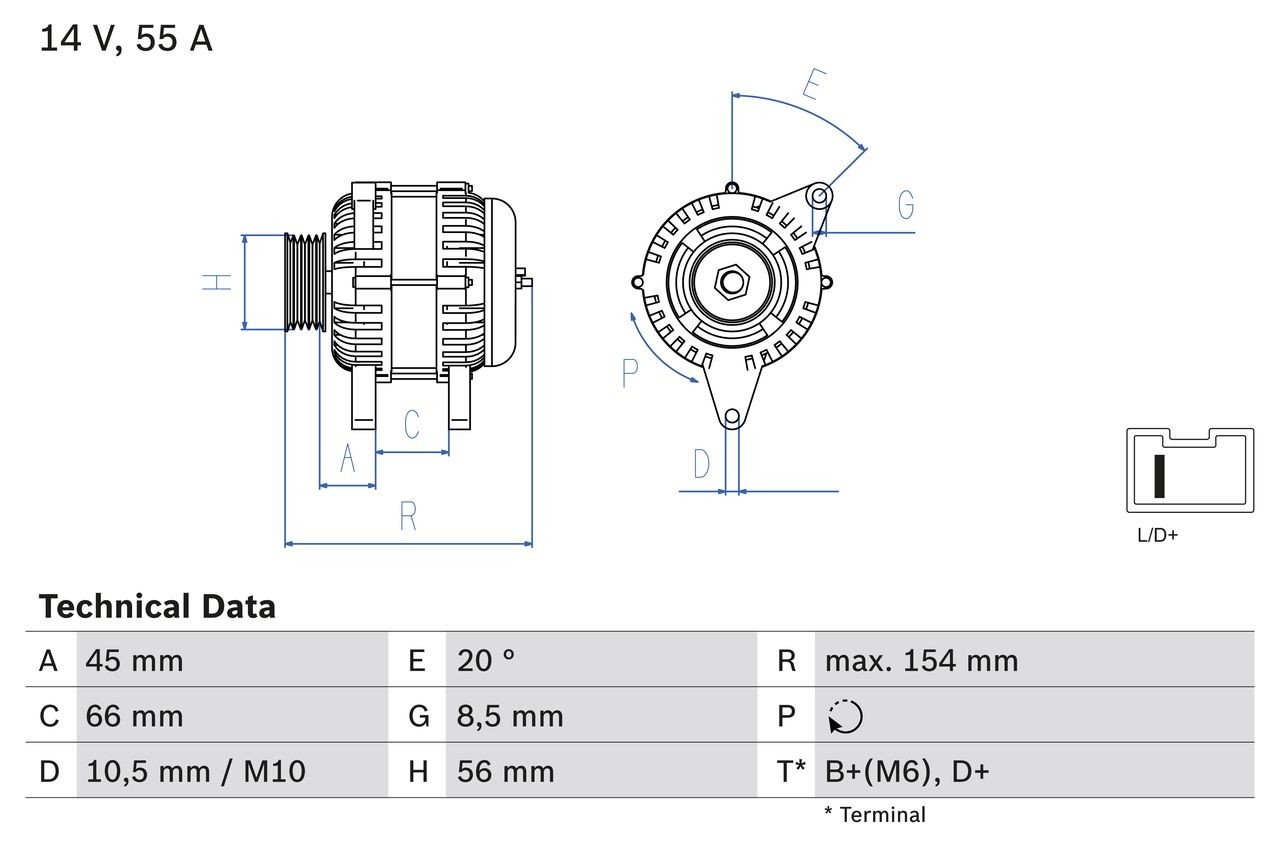 BOSCH 0 986 032 790 Alternator 14V, 55A, D+, B+(M6), PL26, excl. vacuum pump, Ø 56 mm