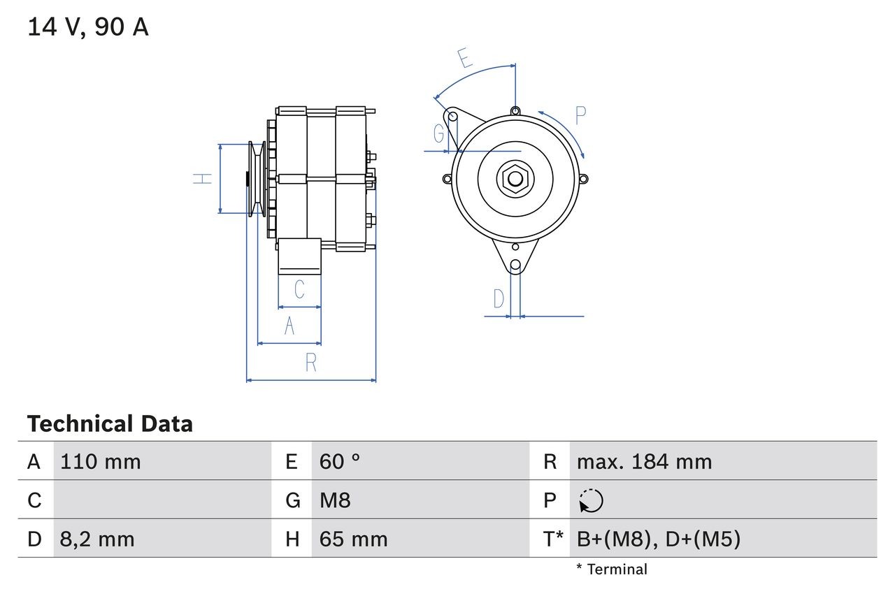 BOSCH 0 986 033 160 Alternator 14V, 90A, B+(M8),D+(M5), excl. vacuum pump, Ø 65 mm