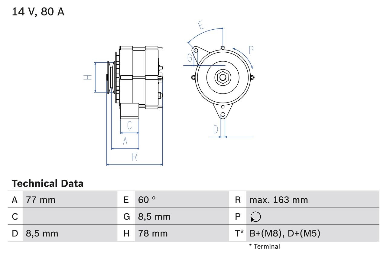 BOSCH 0 986 034 170 Alternator 12V, 80A, B+(M8),D+(M5), excl. vacuum pump, Ø 78 mm