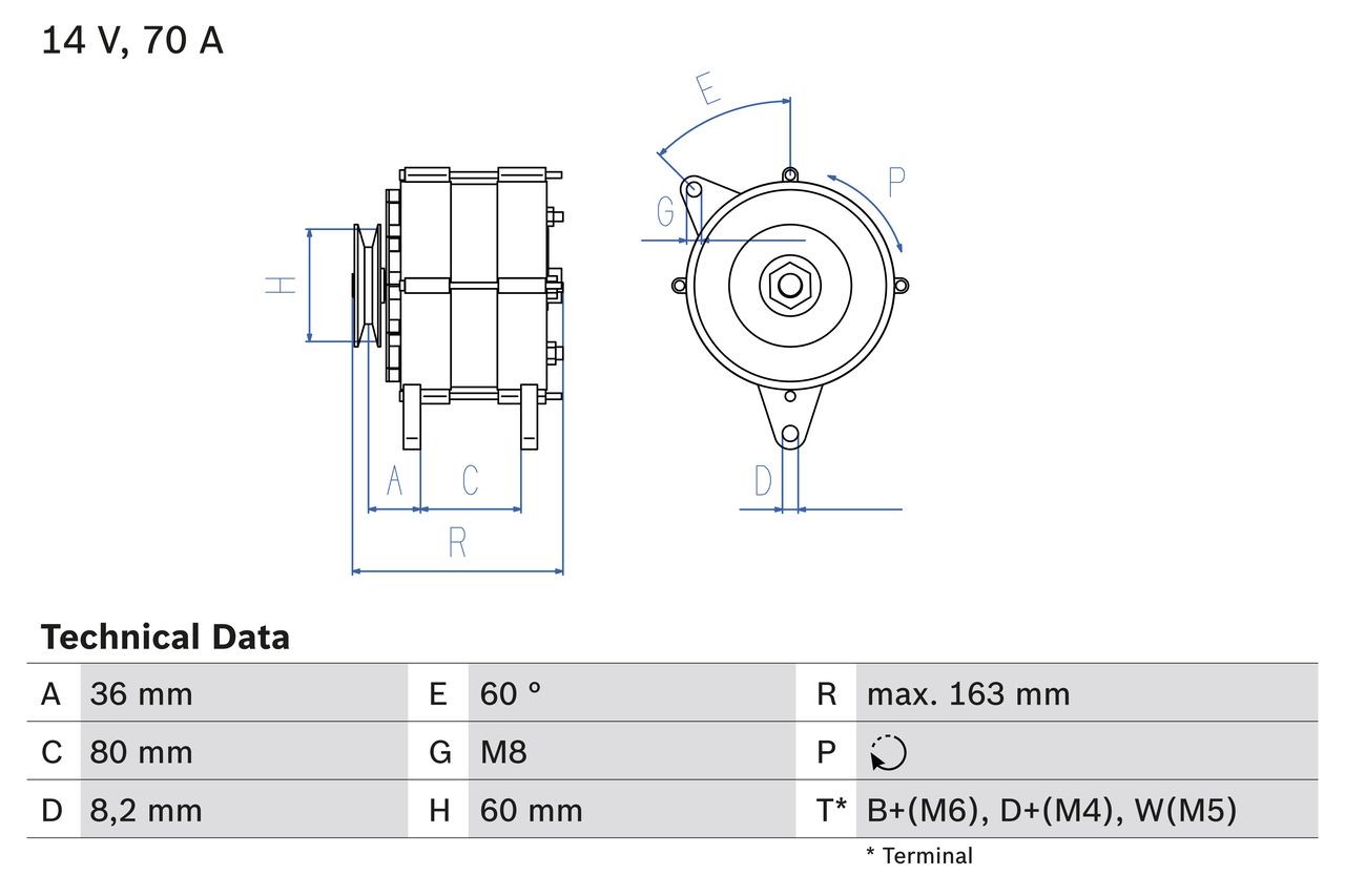 BOSCH 0 986 034 470 Alternator 14V, 70A, B+(M6),D+(M4),W(M5), excl. vacuum pump, Ø 60 mm