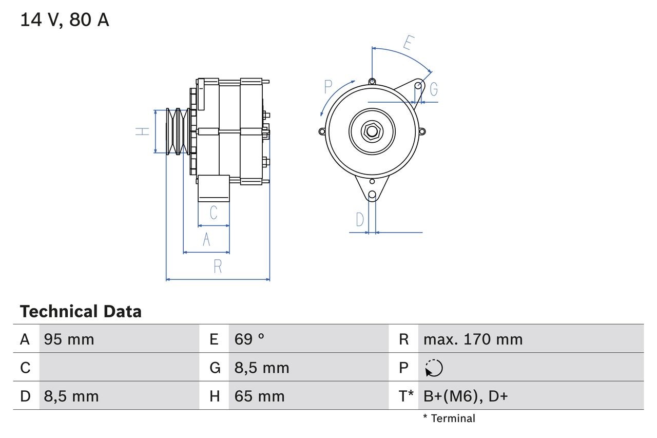 BOSCH 0 986 034 710 Alternator 14V, 80A, B+(M6),D+, excl. vacuum pump, Ø 65 mm