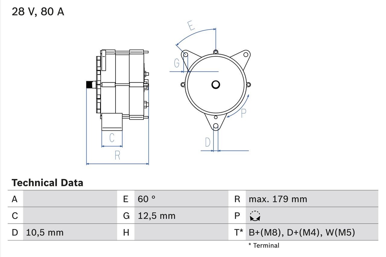 BOSCH 0 986 037 770 Alternator 28V, 80A, B+(M8),D+(M4),W(M5), excl. vacuum pump