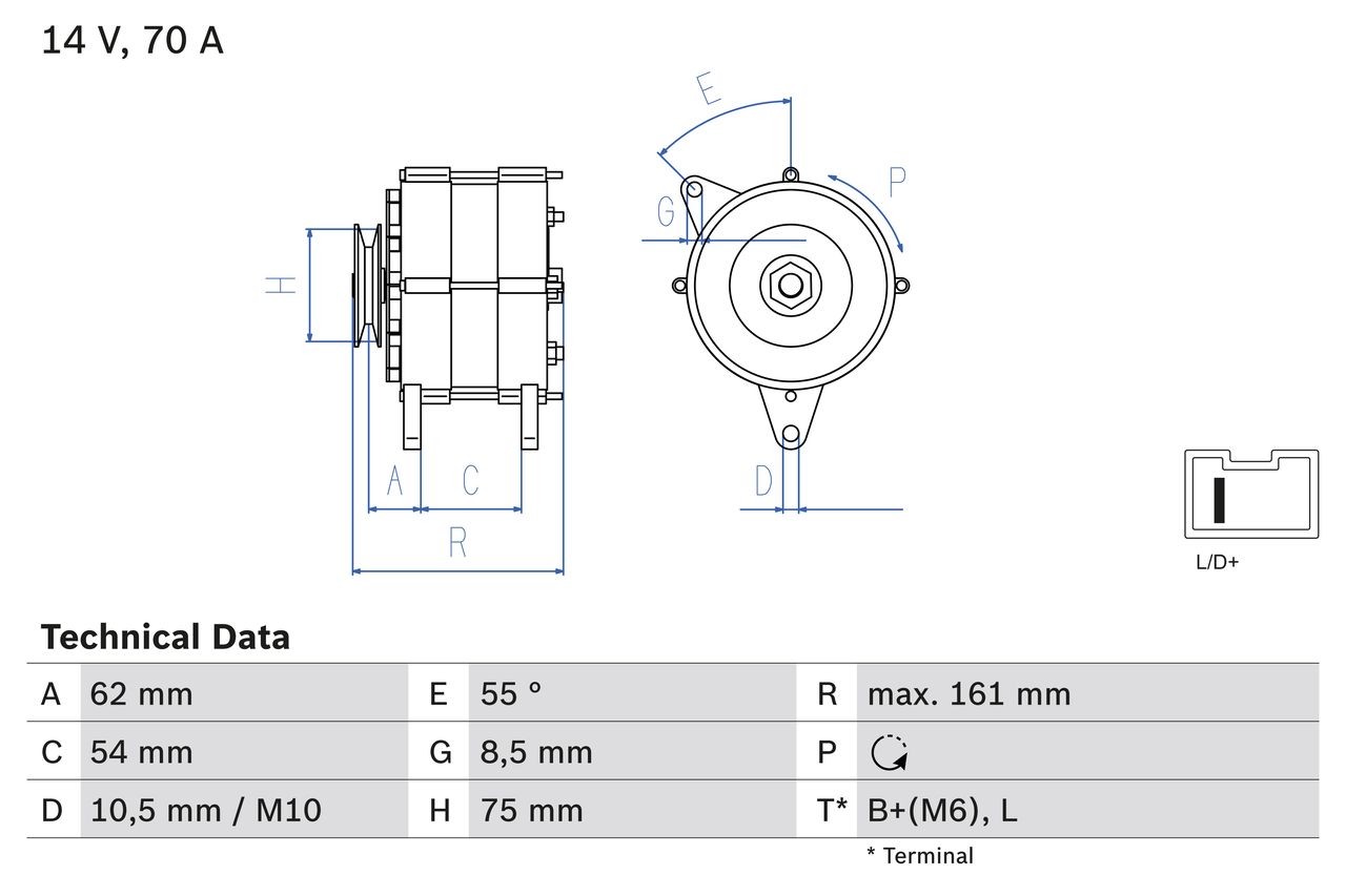BOSCH 0 986 037 791 Alternator 14V, 70A, B+(M6),L, PL26, excl. vacuum pump, Ø 75 mm