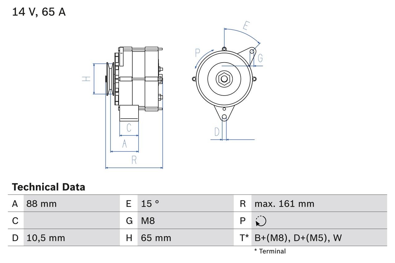 BOSCH 0 986 038 080 Alternator 14V, 65A, B+(M8),D+(M5),W, excl. vacuum pump, Ø 65 mm