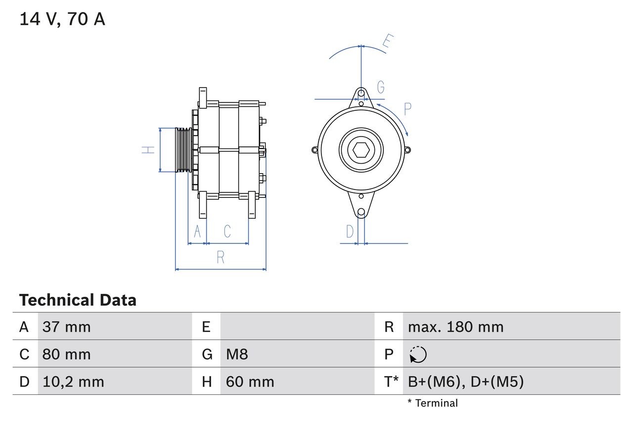 3840 BOSCH 14V, 70A, B+(M6),D+(M5), excl. vacuum pump, Ø 60 mm Generator 0 986 038 401 buy