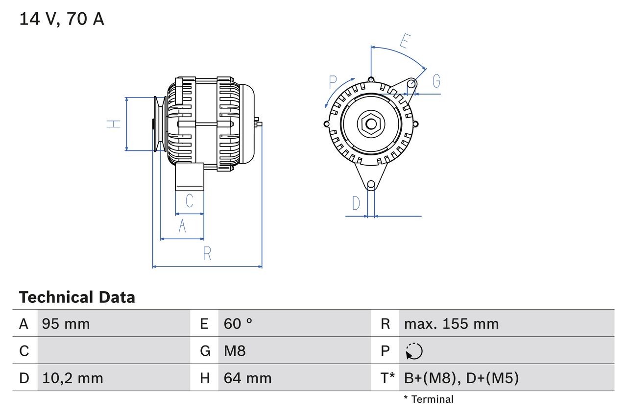 BOSCH 0 986 038 730 Alternator 14V, 70A, B+(M8),D+(M5), excl. vacuum pump, Ø 64 mm