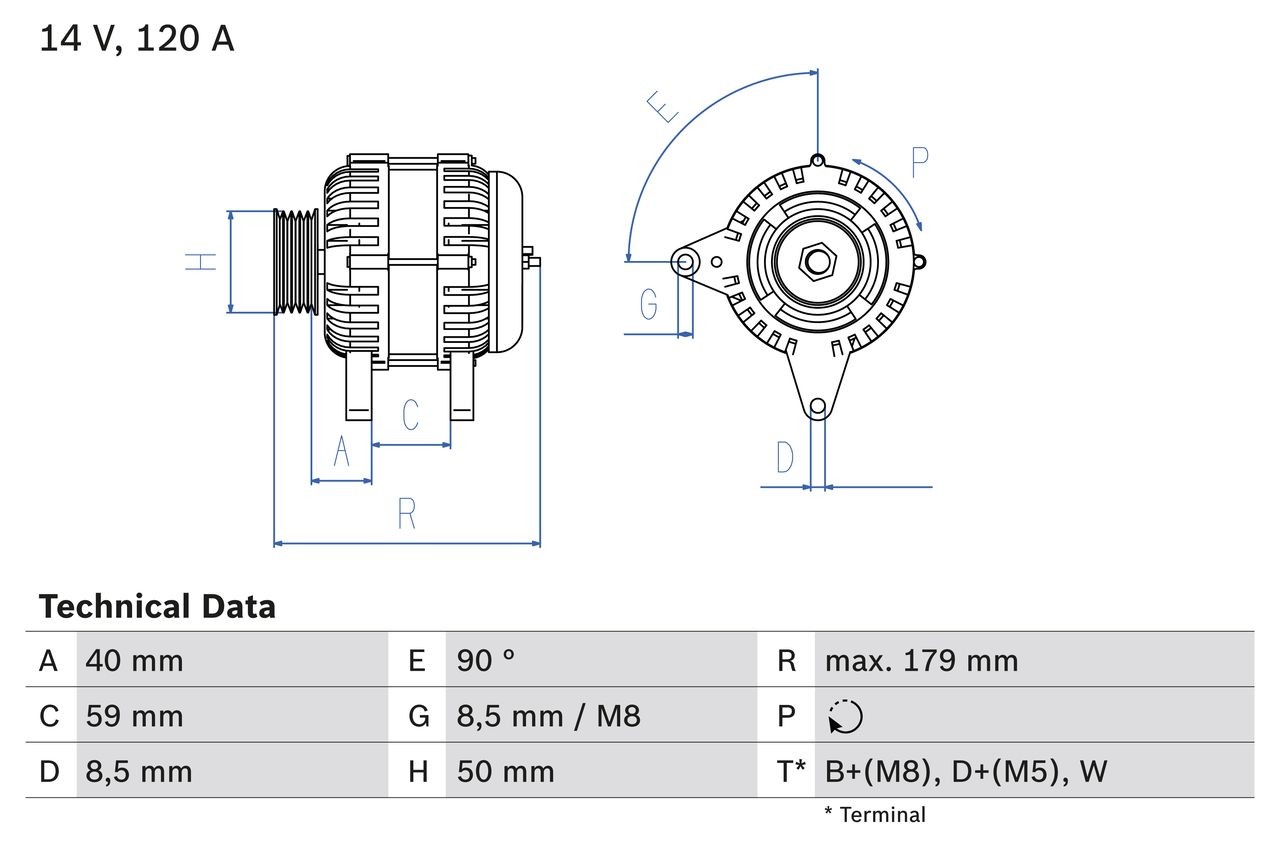 BOSCH 0 986 038 950 Alternator 14V, 120A, B+(M8),D+(M5),W, excl. vacuum pump, Ø 50 mm