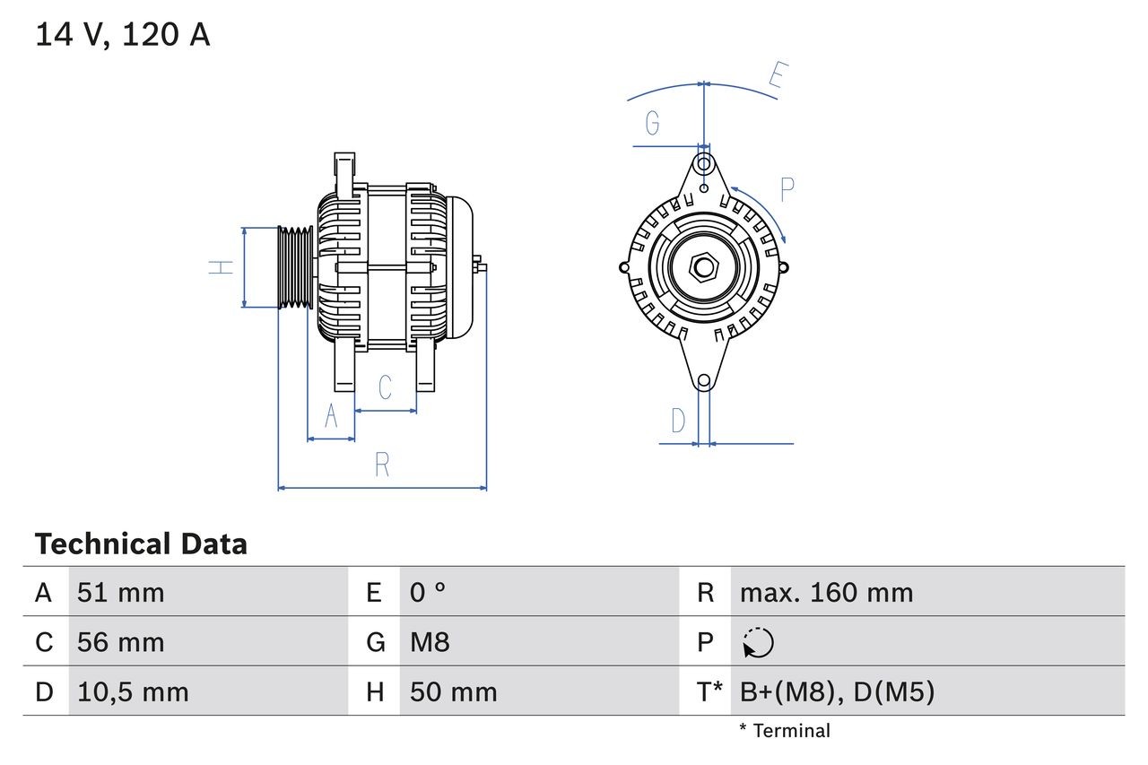 3924 BOSCH 14V, 120A, B+(M8),D(M5), excl. vacuum pump, Ø 50 mm Generator 0 986 039 240 buy