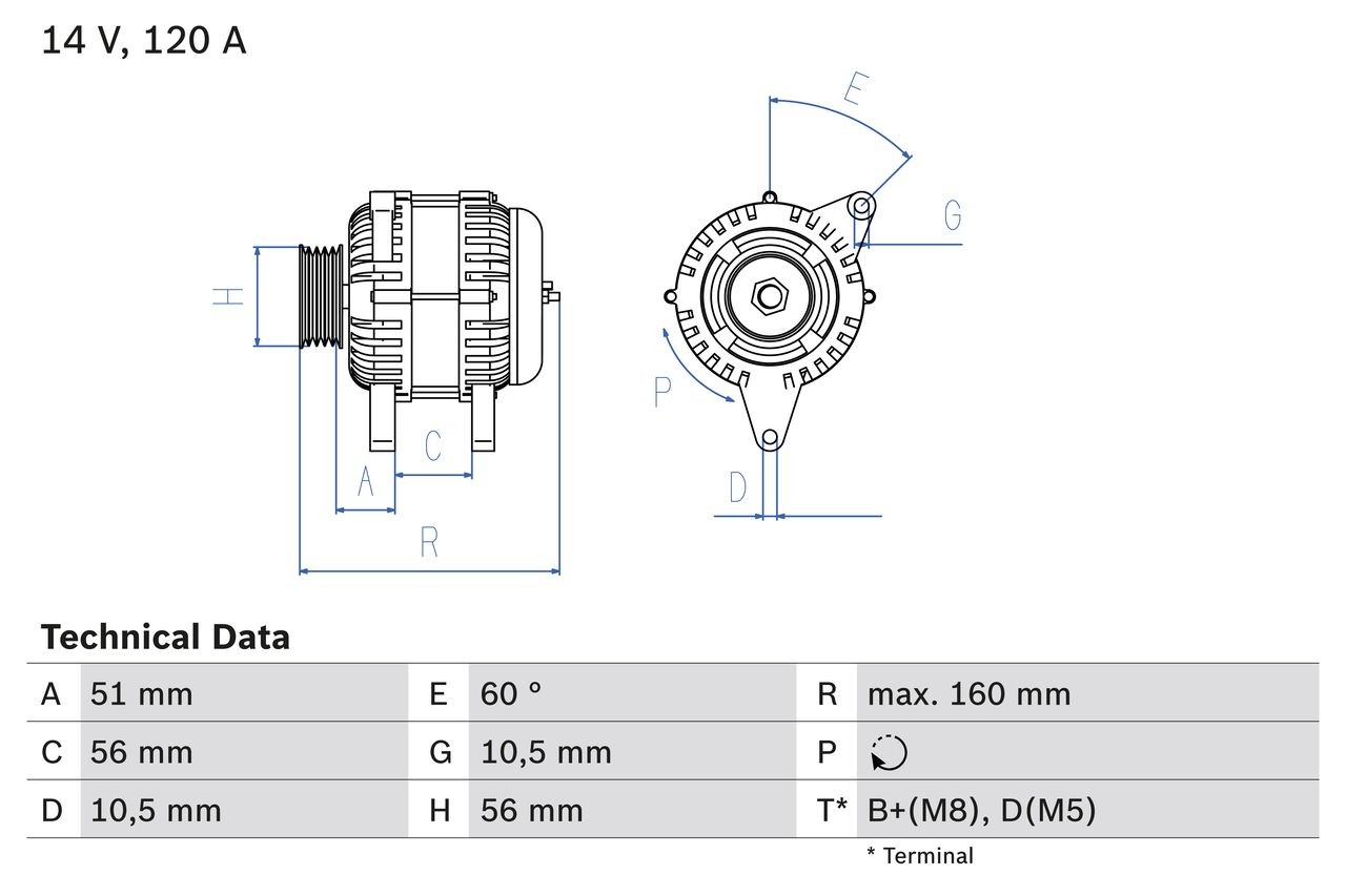 BOSCH 0 986 039 250 Alternator 14V, 120A, B+(M8),D(M5), excl. vacuum pump, Ø 56 mm