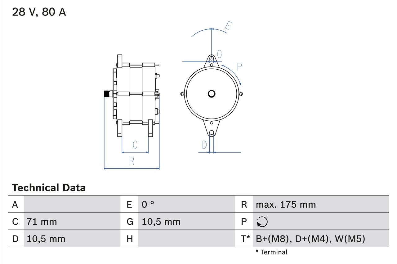 BOSCH 0 986 039 340 Alternator 28V, 80A, B+(M8),B-(M6),L(5), excl. vacuum pump