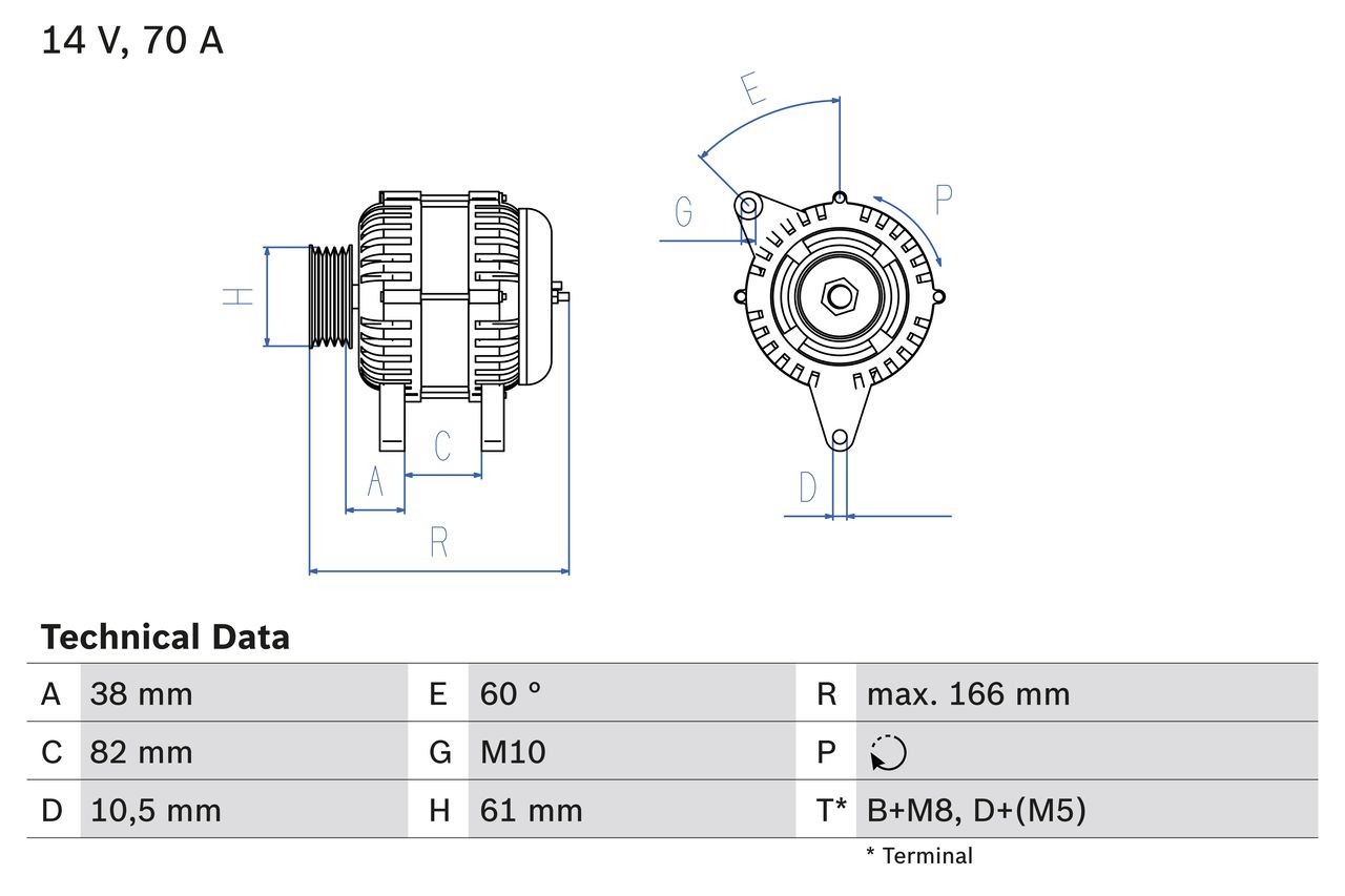 BOSCH 0 986 039 550 Alternator 14V, 70A, B+M8,D+(M5), excl. vacuum pump, Ø 61 mm