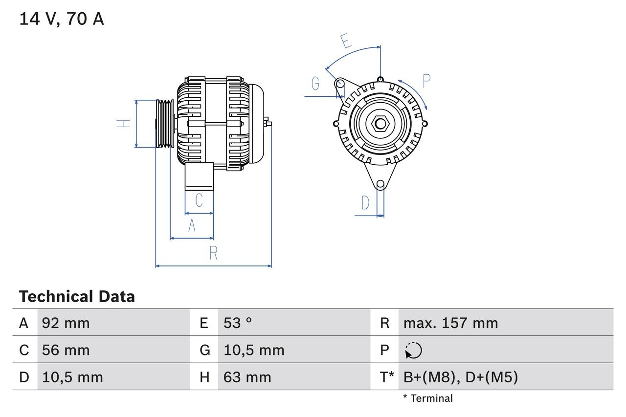 0 986 039 760 BOSCH Generator FIAT 14V, 70A, D+(M5), B+(M8), excl. vacuum pump, Ø 63 mm