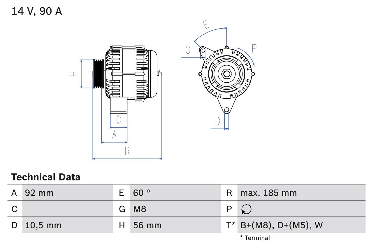 BOSCH 0 986 040 180 Alternator 14V, 90A, B+(M8),L(M5),W, excl. vacuum pump, Ø 56 mm