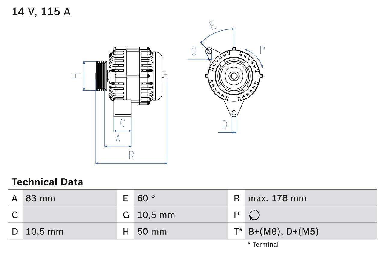 BOSCH 0 986 041 320 Alternator 14V, 115A, B+(M8),D+(M5), excl. vacuum pump, Ø 50 mm