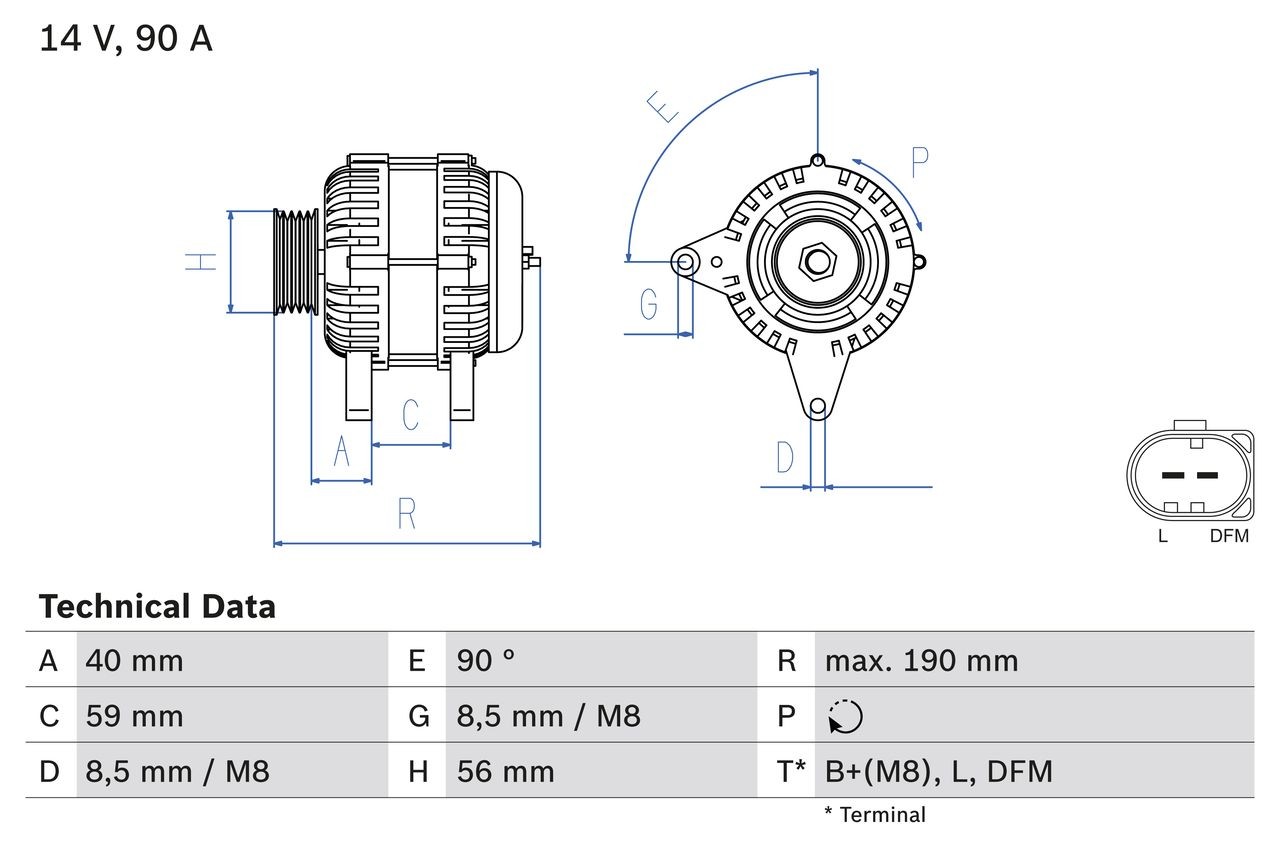 BOSCH 0 986 041 490 Alternator 14V, 90A, B1+(M8), L, DFM, PL61, excl. vacuum pump, Ø 56 mm