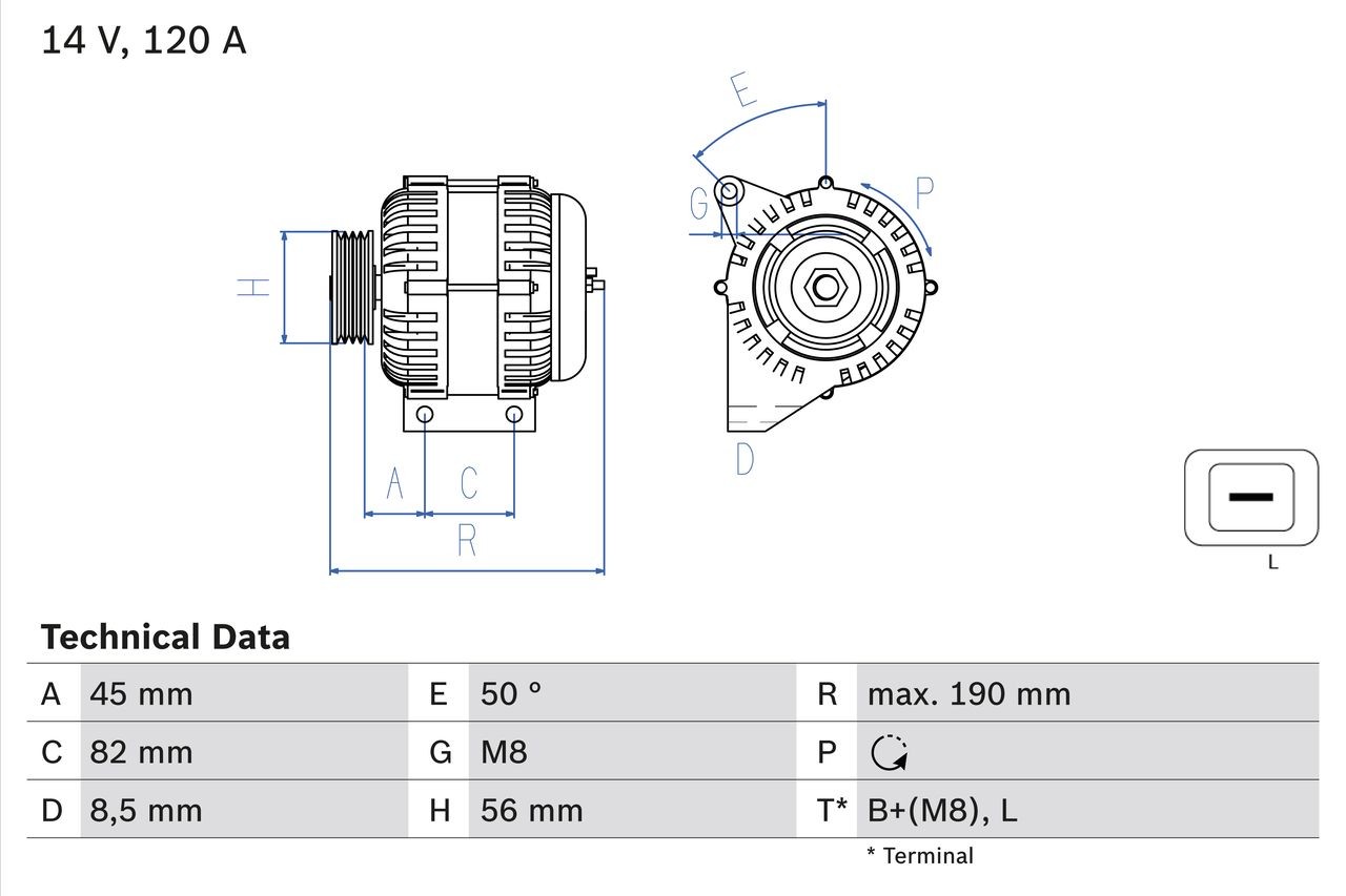 Alternator BOSCH 14V, 120A, excl. vacuum pump, Ø 56 mm - 0 986 041 740